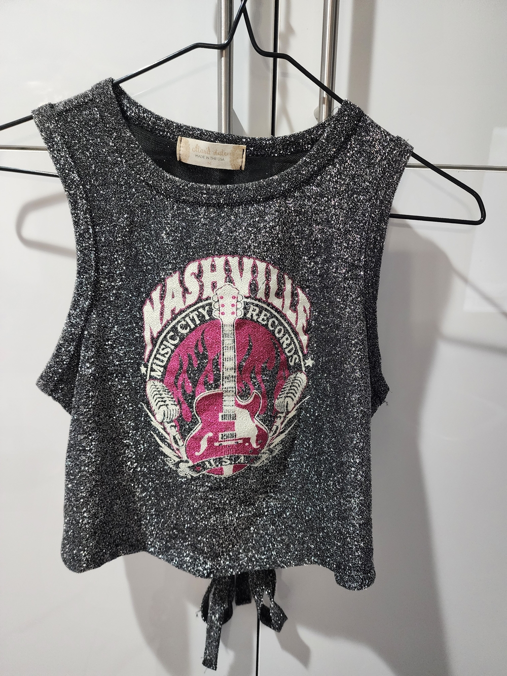 Altar'd State Sparkle Black Crop Tank with Pink Nashville Guitar Graphic